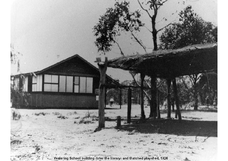 YS6: Yealering school building (later the library) and thatched playshed, 1926