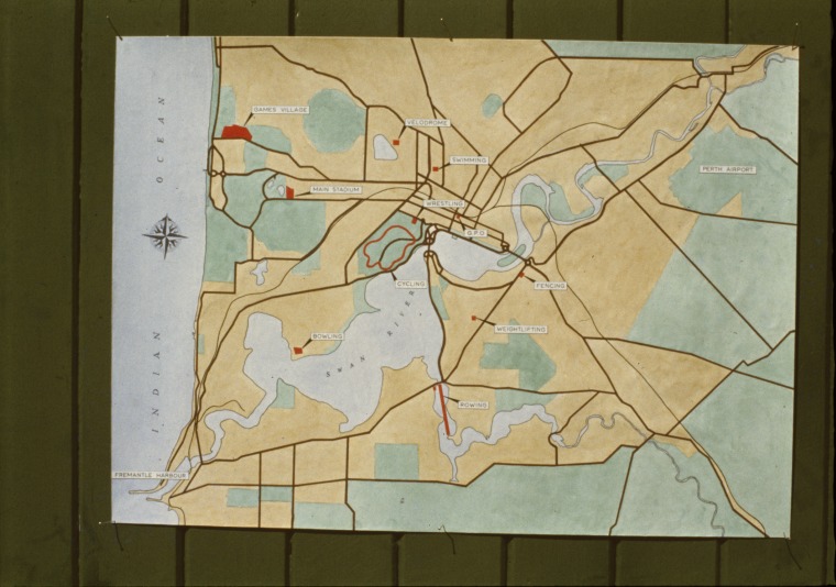 Map with locations of Commonwealth Games events, Perth. State Library