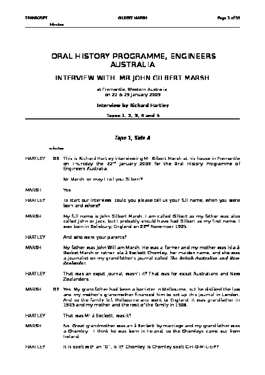 OH4101/5: Transcript. Interview with John Marsh in 2009 by Richard Hartley.