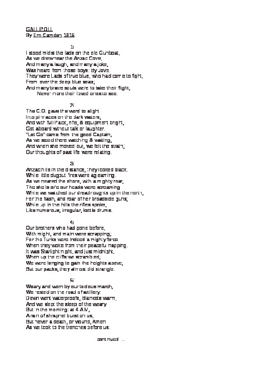 ACC 9400AD: Gallipoli (poem, typescript) by Ern Camden