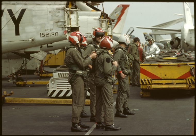 On the deck of the aircraft carrier USS Ranger (CV-61) off Fremantle ...