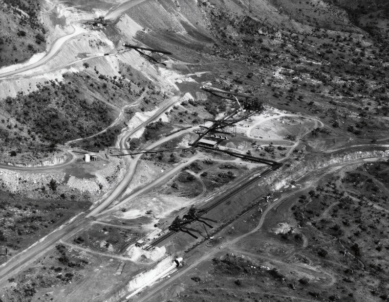 Aerial photograph of mine construction at Mt Tom Price showing filling