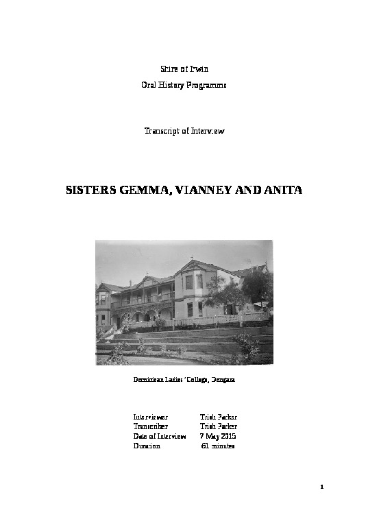 OH4284/18: Transcript. Interview with Sisters Anita, Vianney, and Gemma by Trish Parker in 2015