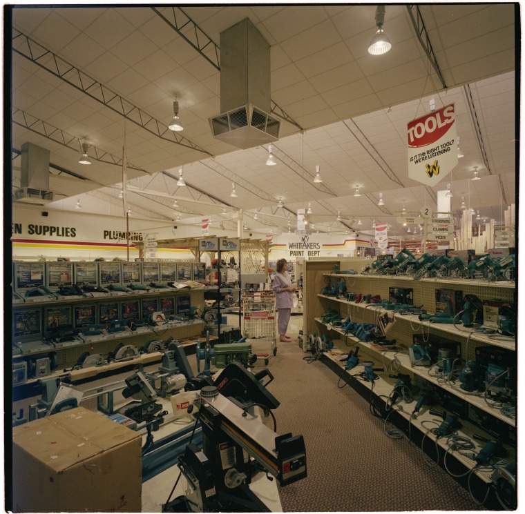Exterior and interior of Whittakers Timber & Hardware store, Stock Road