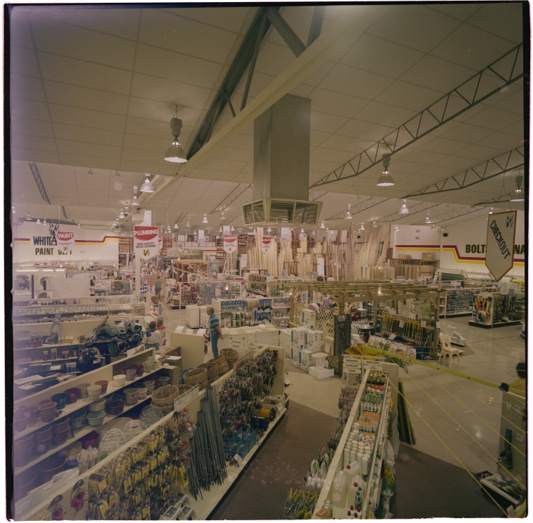 Exterior and interior of Whittakers Timber & Hardware store, Stock Road