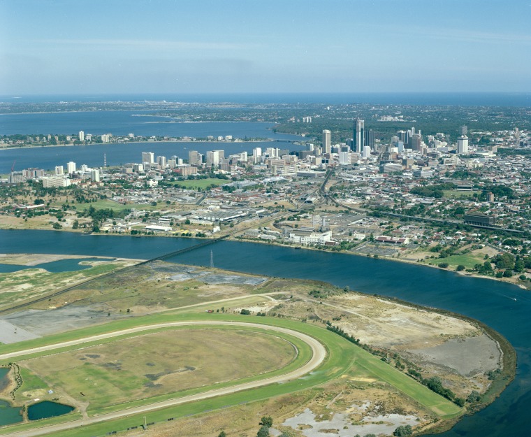Aerial photograph of Belmont Park Racecourse and the City of Perth, 30