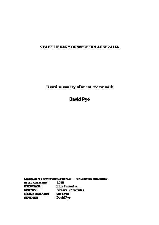 OH4295: Timed Summary. Interview with David Pye by John Bannister.