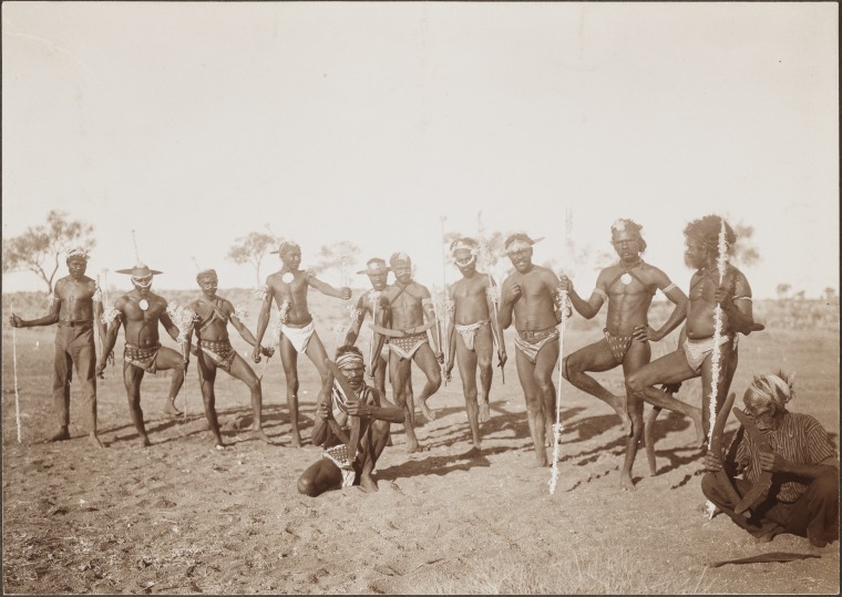 Aboriginal men in traditional dress, possibly Njamal men at a