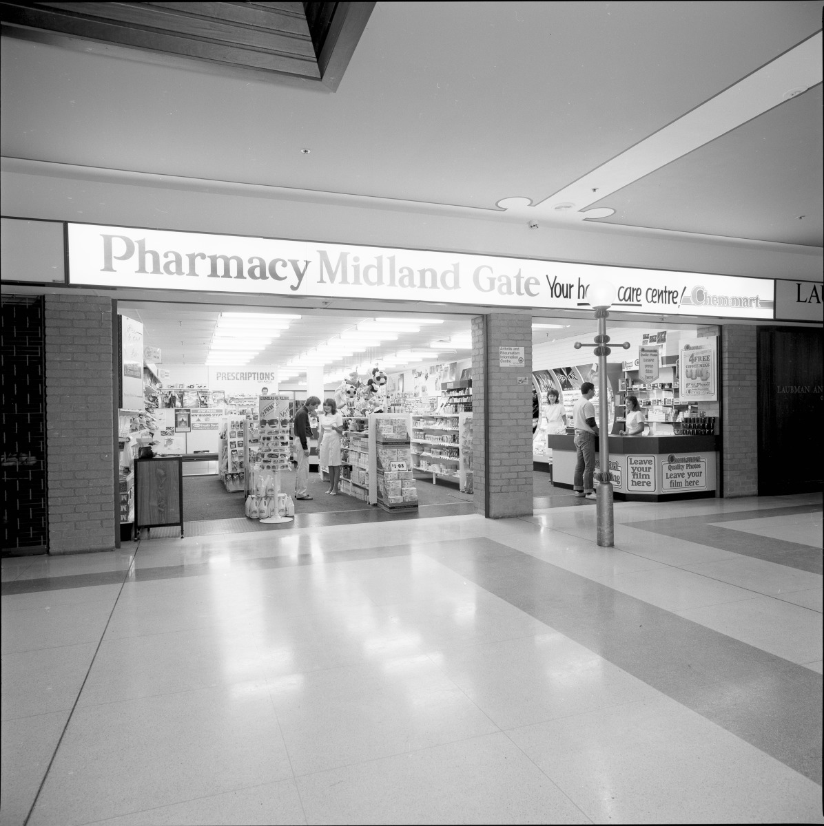 Midland Gate Pharmacy, staff and premises, 3 July 1984. State Library of Western Australia