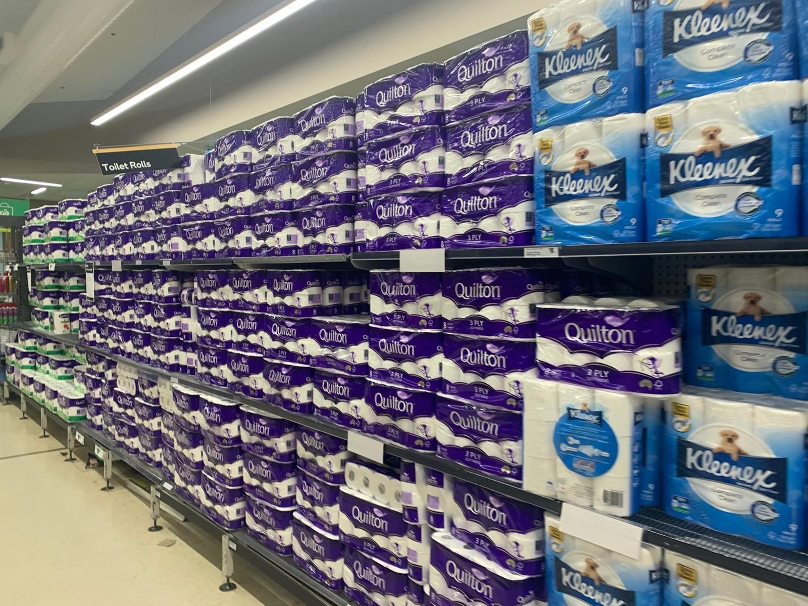 Restocked shelves of toilet paper at Coles Subiaco, following a period