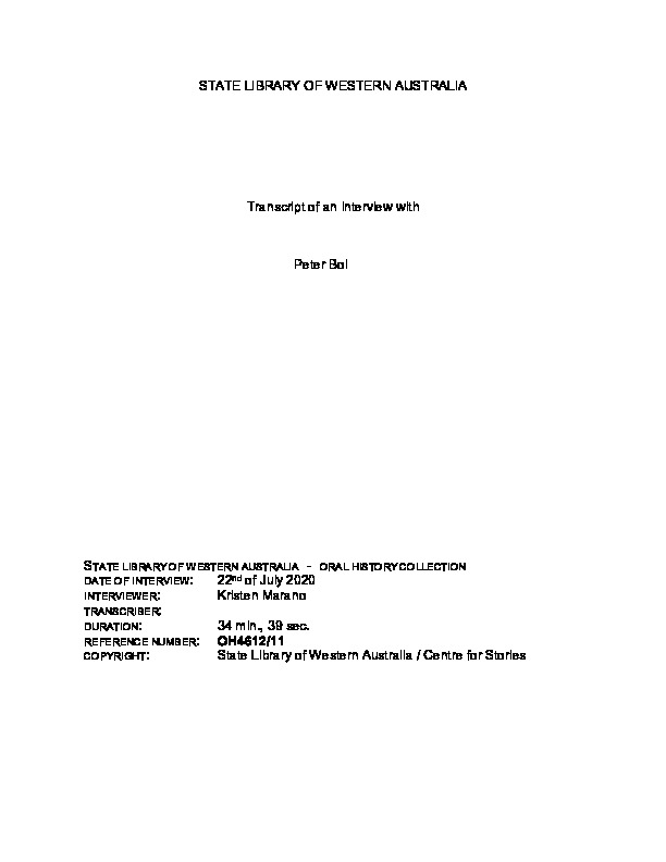 OH4612/11: Transcript. Interview with Peter Bol in 2020 by Kristen Marano.