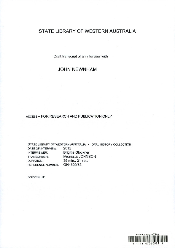 OH6409/35 Draft transcript. Interview with John Newnham in 2015 / by Brigitte Glockner