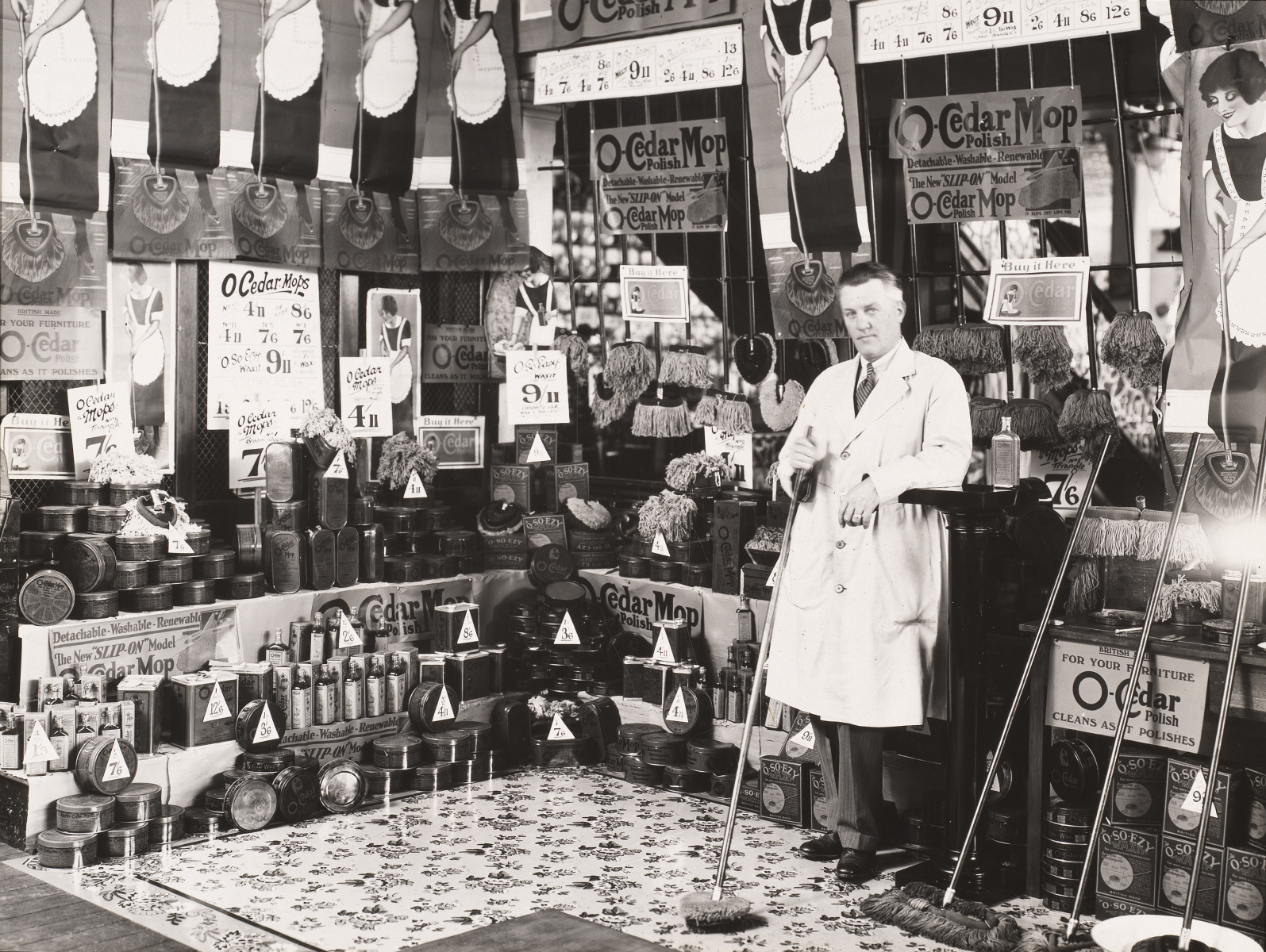 Demonstrating OCedar mops and floor polishes at Boans department store
