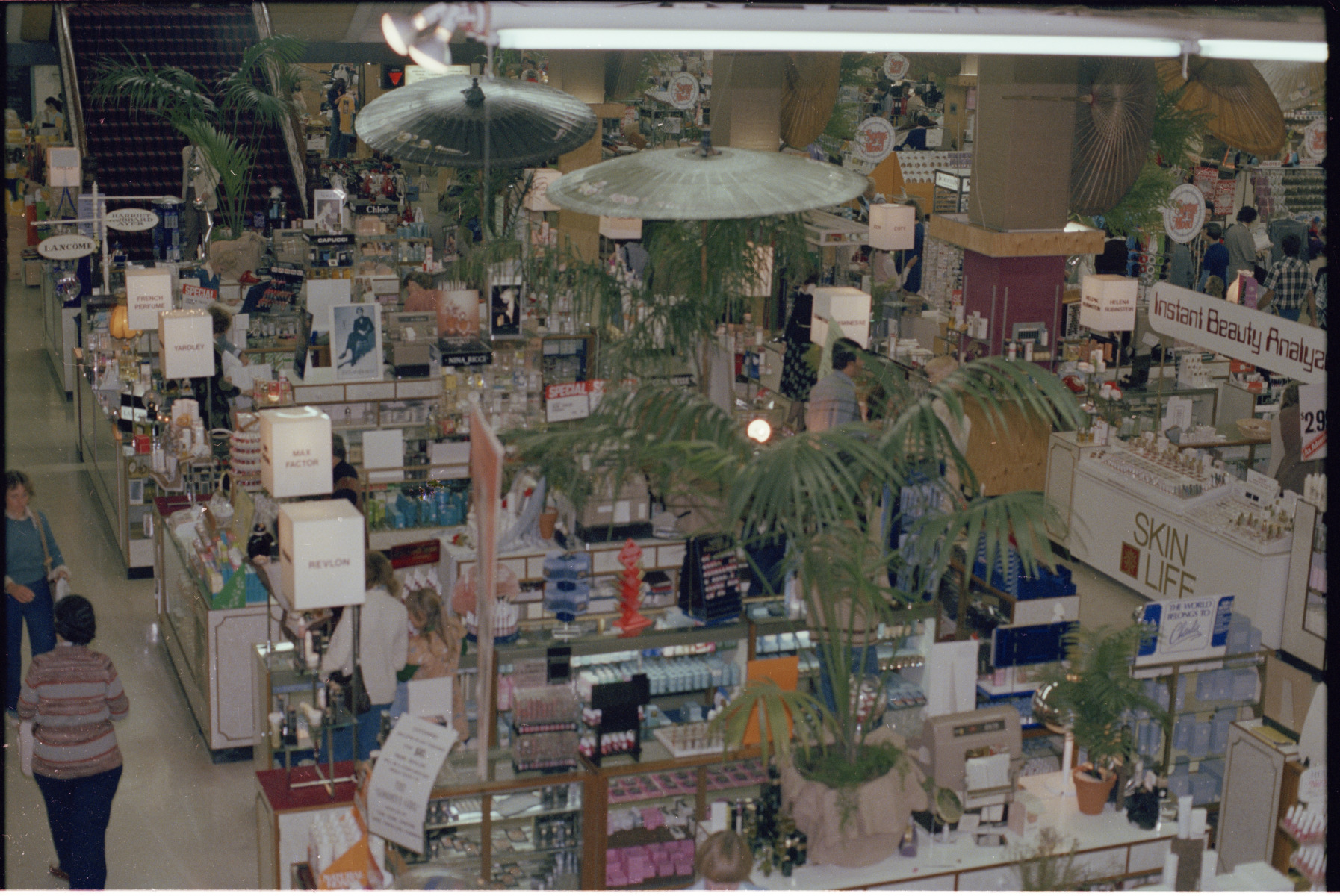 Product displays in store and window at Boans department store, Perth