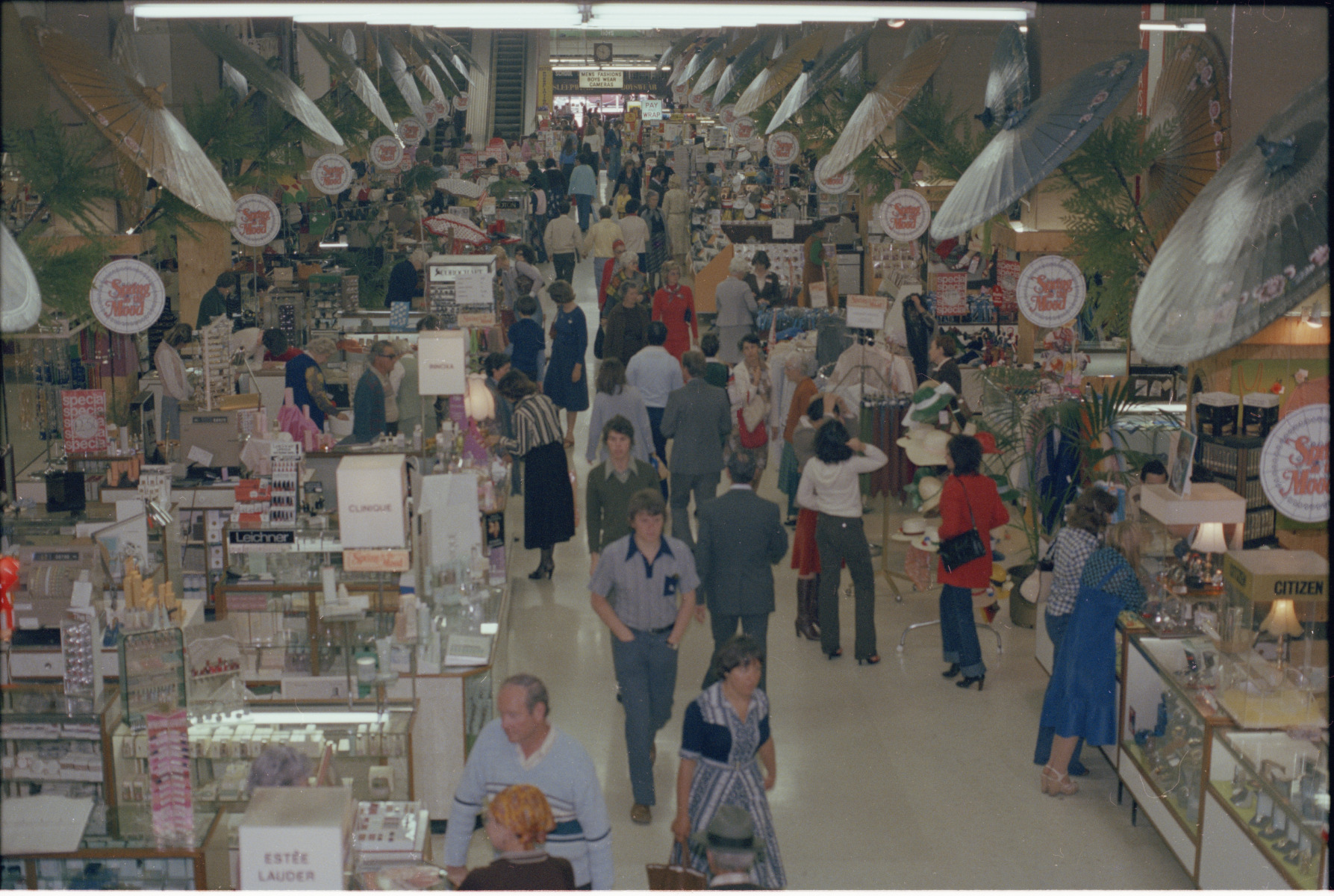 Product displays in store and window at Boans department store, Perth